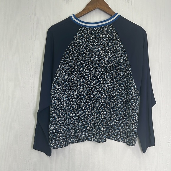 H&M - Navy Floral Stripe Crewneck Flowy Long Sleeve Lightweight Blouse Size 6 - Picture 10 of 10